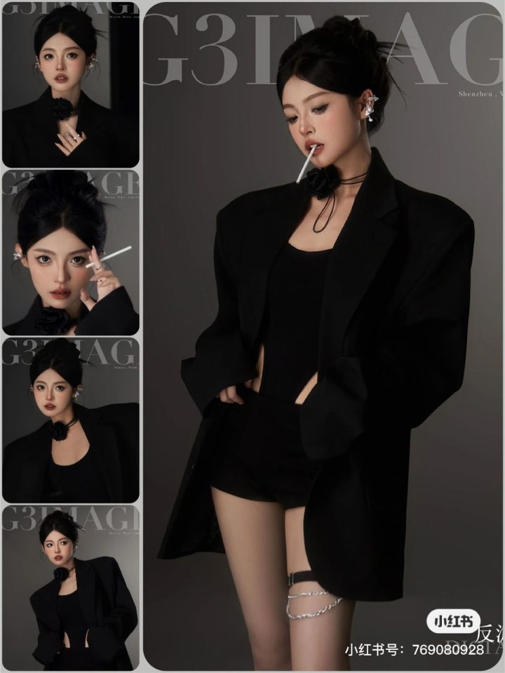 026 – Áo blazer đen phối quần shorts thanh lịch
