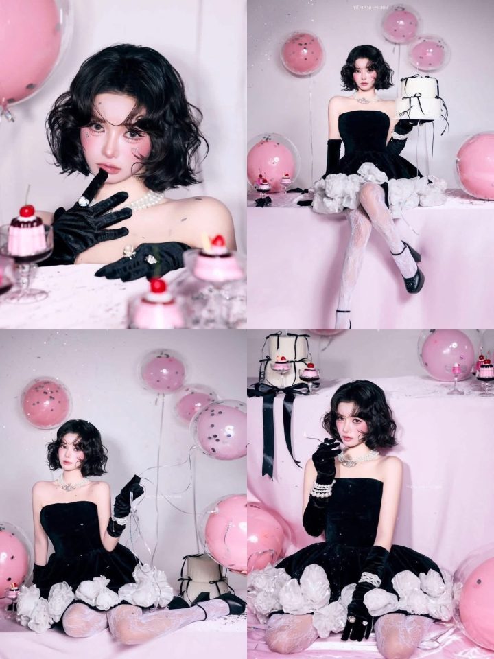 048 – Váy đen concept bánh ngọt màu hồng pastel
