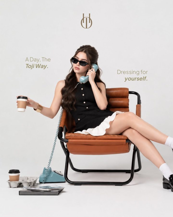 097 – Váy đen kính râm cầm ly cafe trên ghế