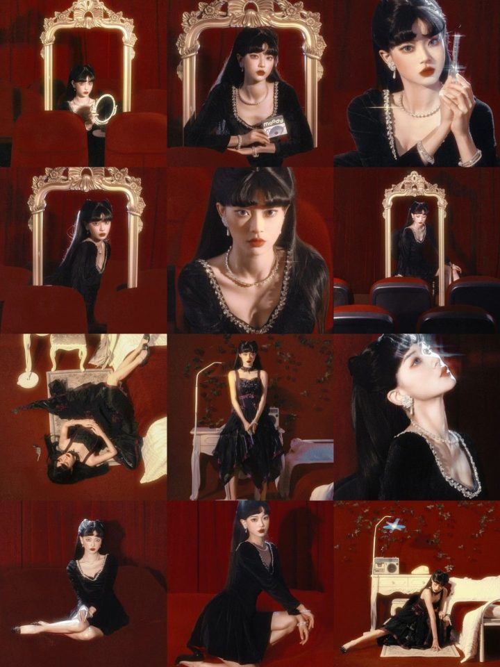 156 – Váy áo gothic đỏ đen cùng khung tranh