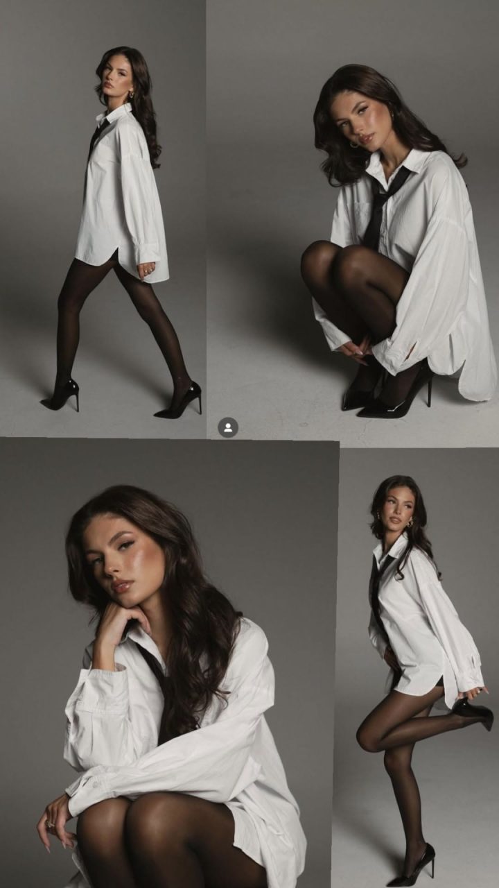 160 – Áo sơ mi trắng và blazer xám phong cách chic