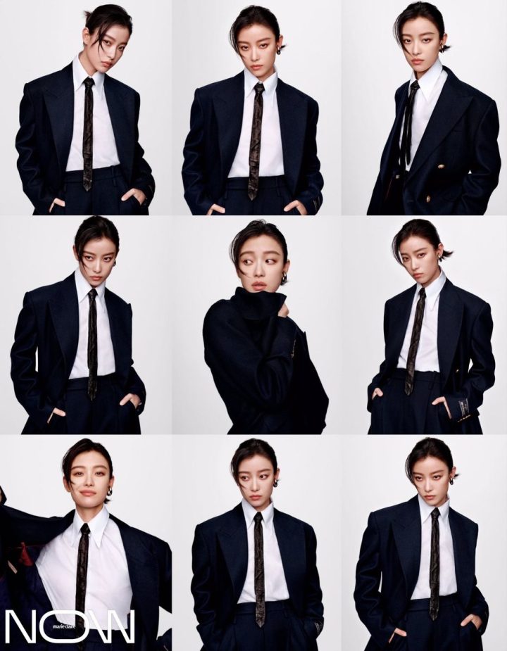 265 – Bộ suit đen cà vạt lookbook nữ nền trắng